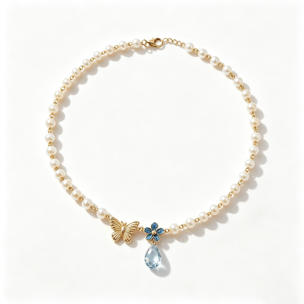 Golden Butterfly Blue Blossom Pearl Necklace