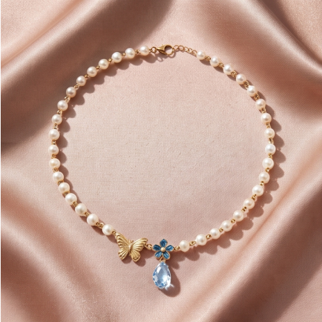 Golden Butterfly Blue Blossom Pearl Necklace