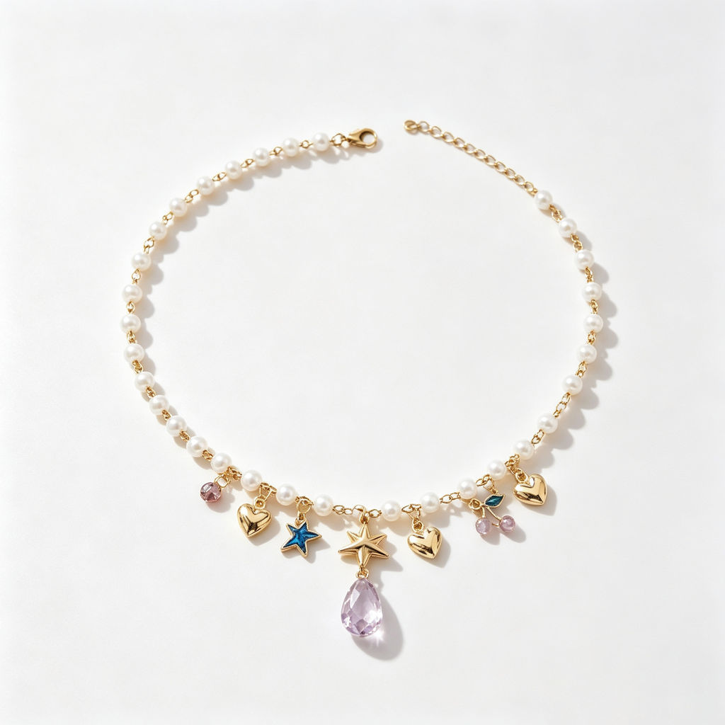 Celestial Star and Crystal Charm Pearl Necklace