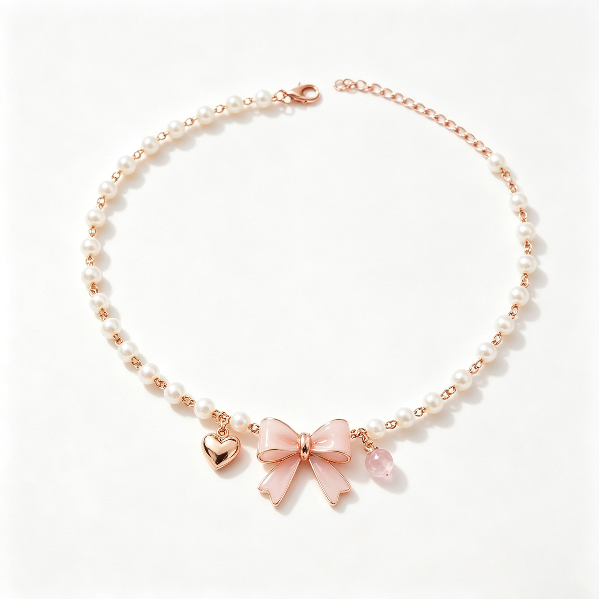 Rose Gold Heart and Pink Bow Pearl Necklace