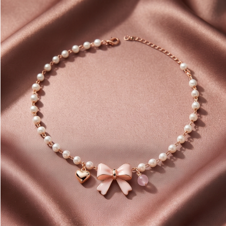 Rose Gold Heart and Pink Bow Pearl Necklace