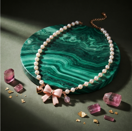 Rose Gold Heart and Pink Bow Pearl Necklace