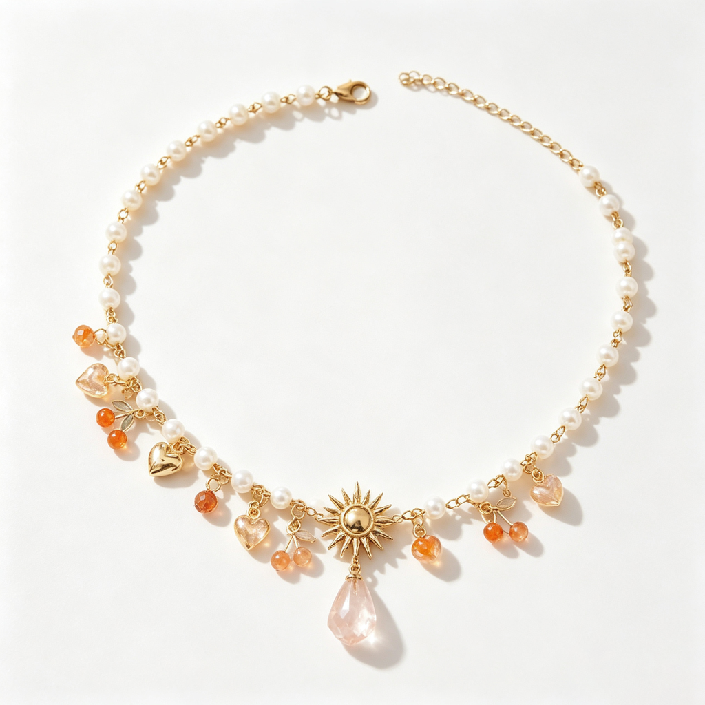 Golden Sunburst and Amber Charm Pearl Necklace
