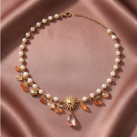 Golden Sunburst and Amber Charm Pearl Necklace