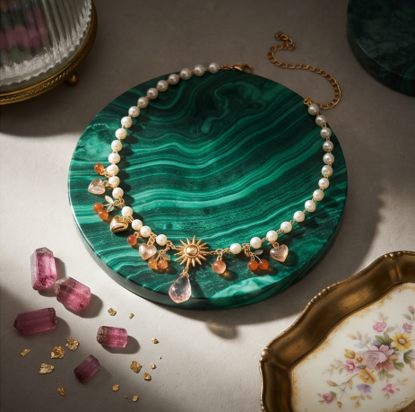 Golden Sunburst and Amber Charm Pearl Necklace