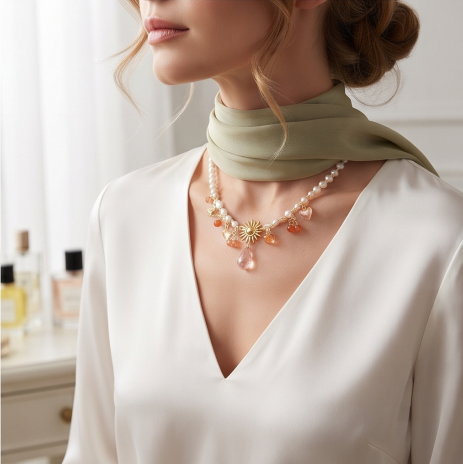 Golden Sunburst and Amber Charm Pearl Necklace