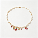 Golden Heart and Ruby Cherry Pearl Necklace