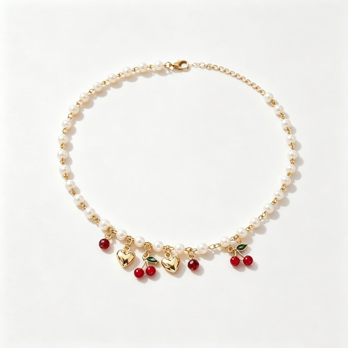 Golden Heart and Ruby Cherry Pearl Necklace