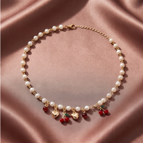 Golden Heart and Ruby Cherry Pearl Necklace