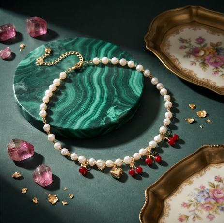Golden Heart and Ruby Cherry Pearl Necklace