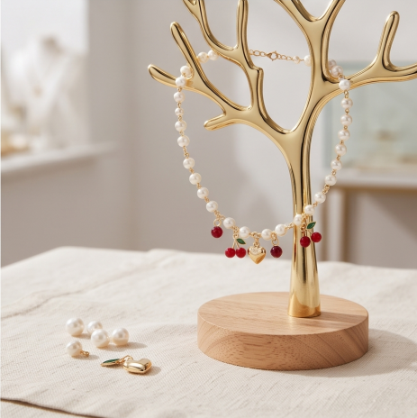 Golden Heart and Ruby Cherry Pearl Necklace