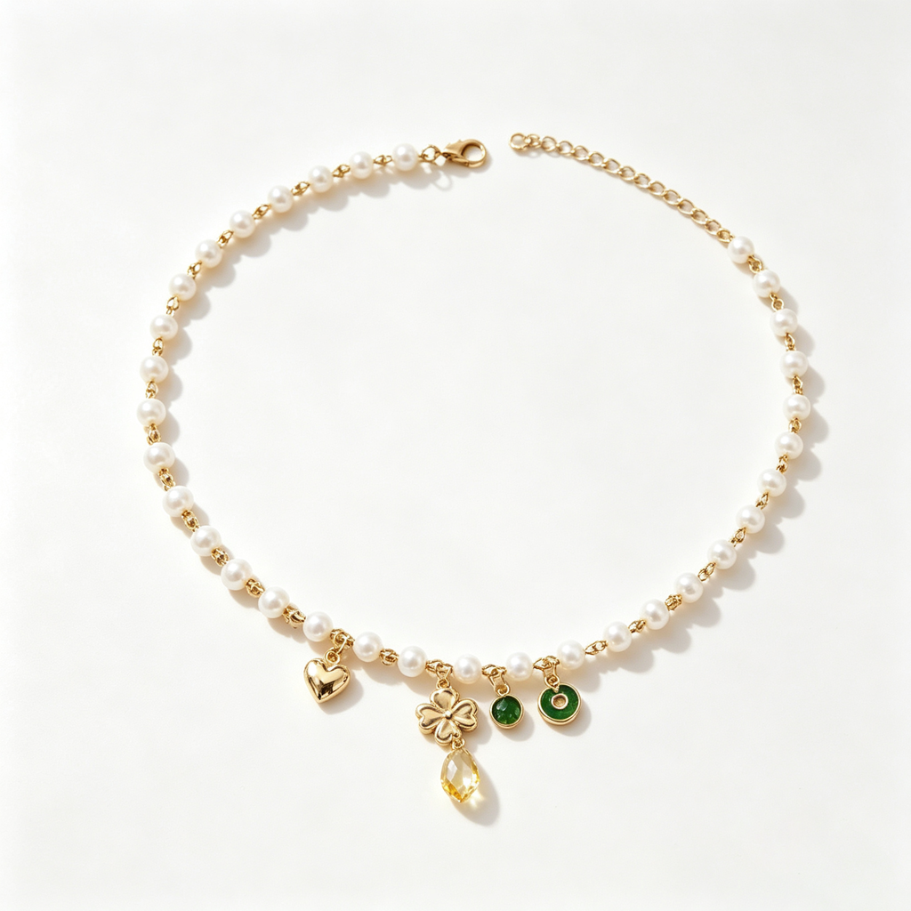 Golden Clover and Heart Pearl Necklace
