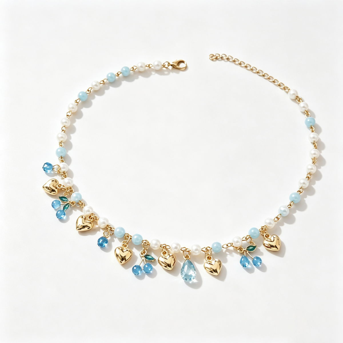 Celestial Blue Heart and Cherry Pearl Necklace