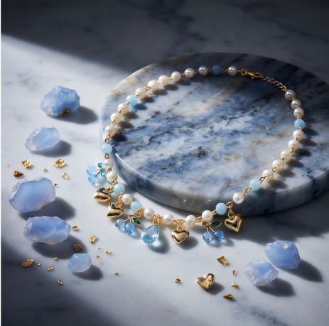 Celestial Blue Heart and Cherry Pearl Necklace