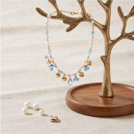Celestial Blue Heart and Cherry Pearl Necklace