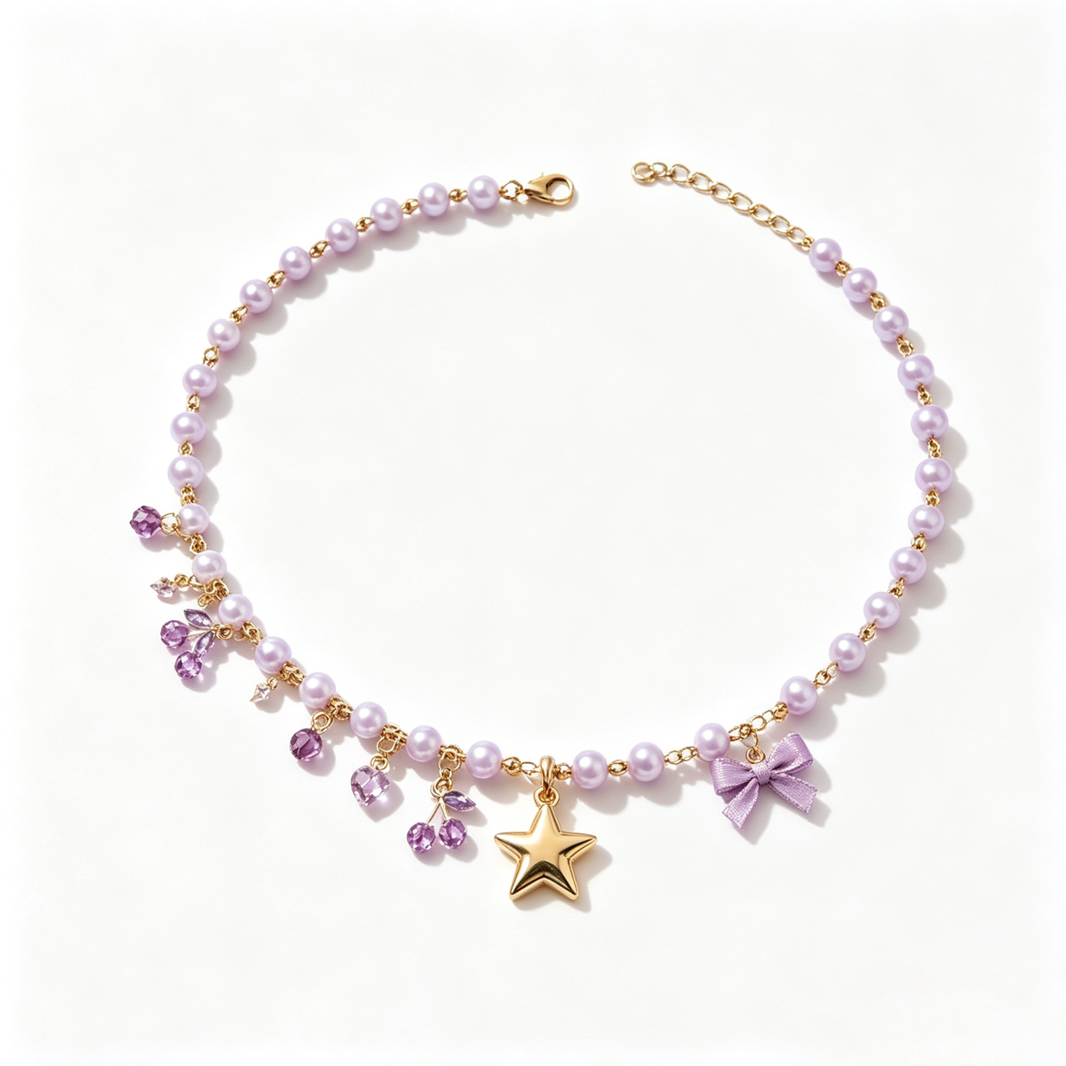 Lavender Star and Bow Charm Pearl Necklace