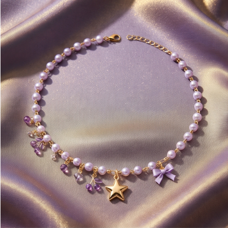 Lavender Star and Bow Charm Pearl Necklace