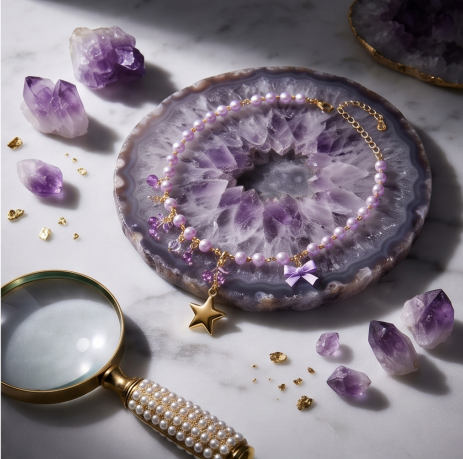 Lavender Star and Bow Charm Pearl Necklace