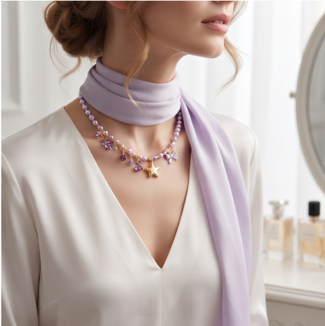 Lavender Star and Bow Charm Pearl Necklace