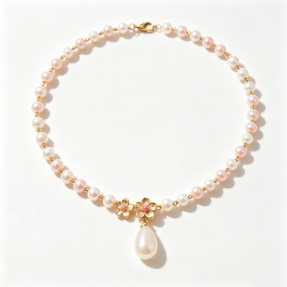 Alternating Pink and White Pearl Blossom Necklace